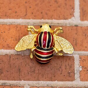 Vintage Red Black Stripes Bumblebee Gold Tone Brooch - W28